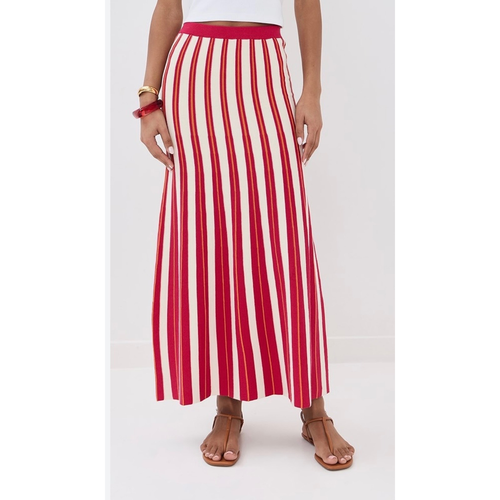 Escvdo Manglar Striped Knitted Cotton A-Line Maxi Skirt Fuchsia Orange Ivory